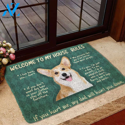 Dog Doormat 3D Corgi Welcome To My House Rules Custom Doormat