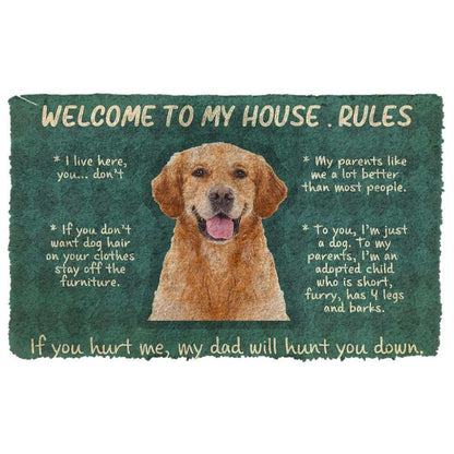 Dog Doormat 3D Golden Retriever Welcome To My House Rules Custom Doormat