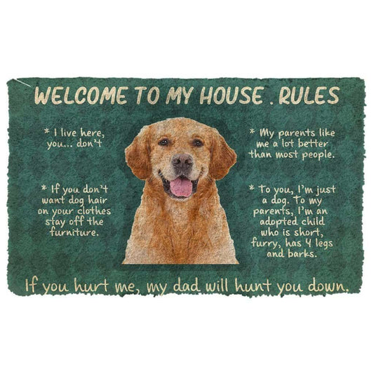 Dog Doormat 3D Golden Retriever Welcome To My House Rules Custom Doormat