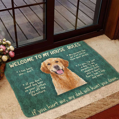 Dog Doormat 3D Golden Retriever Welcome To My House Rules Custom Doormat