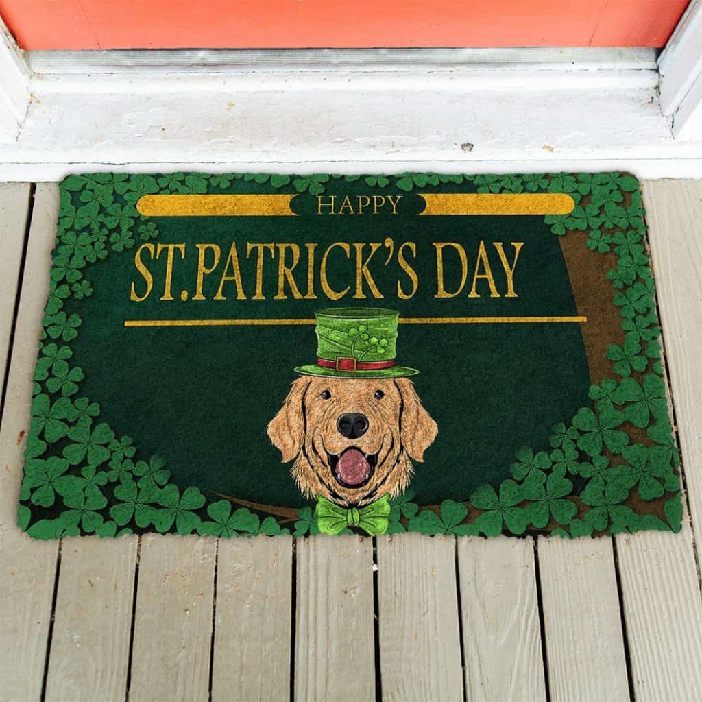 Dog Doormat 3D Happy St Patrick Day Golden Retriever Custom Doormat