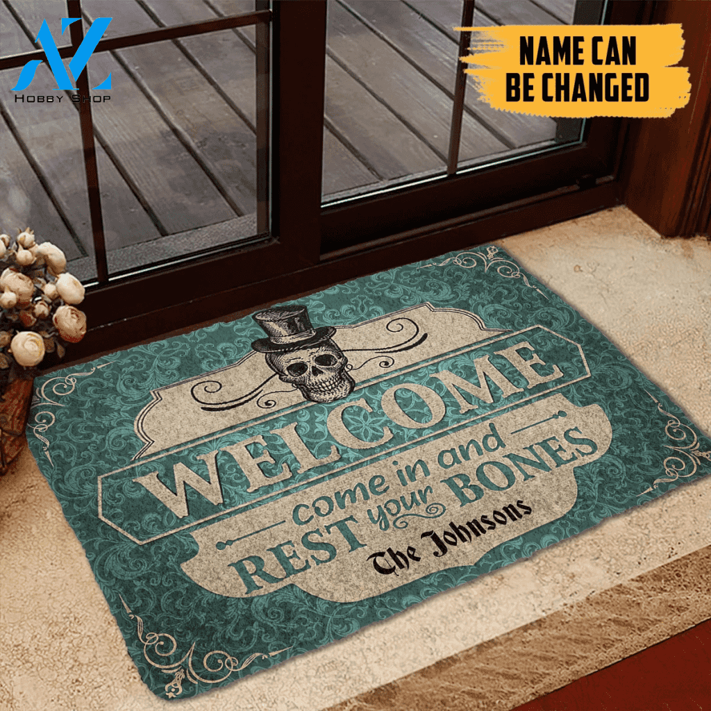 Dog Doormat 3D Skeleton Welcome Come In Halloween Custom Name Doormat