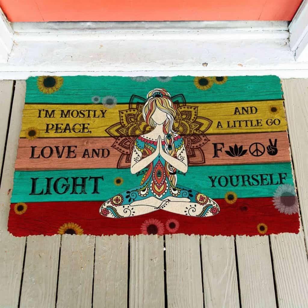 Dog Doormat 3D Yoga I Am Mostly Peace Love And Light Custom Doormat