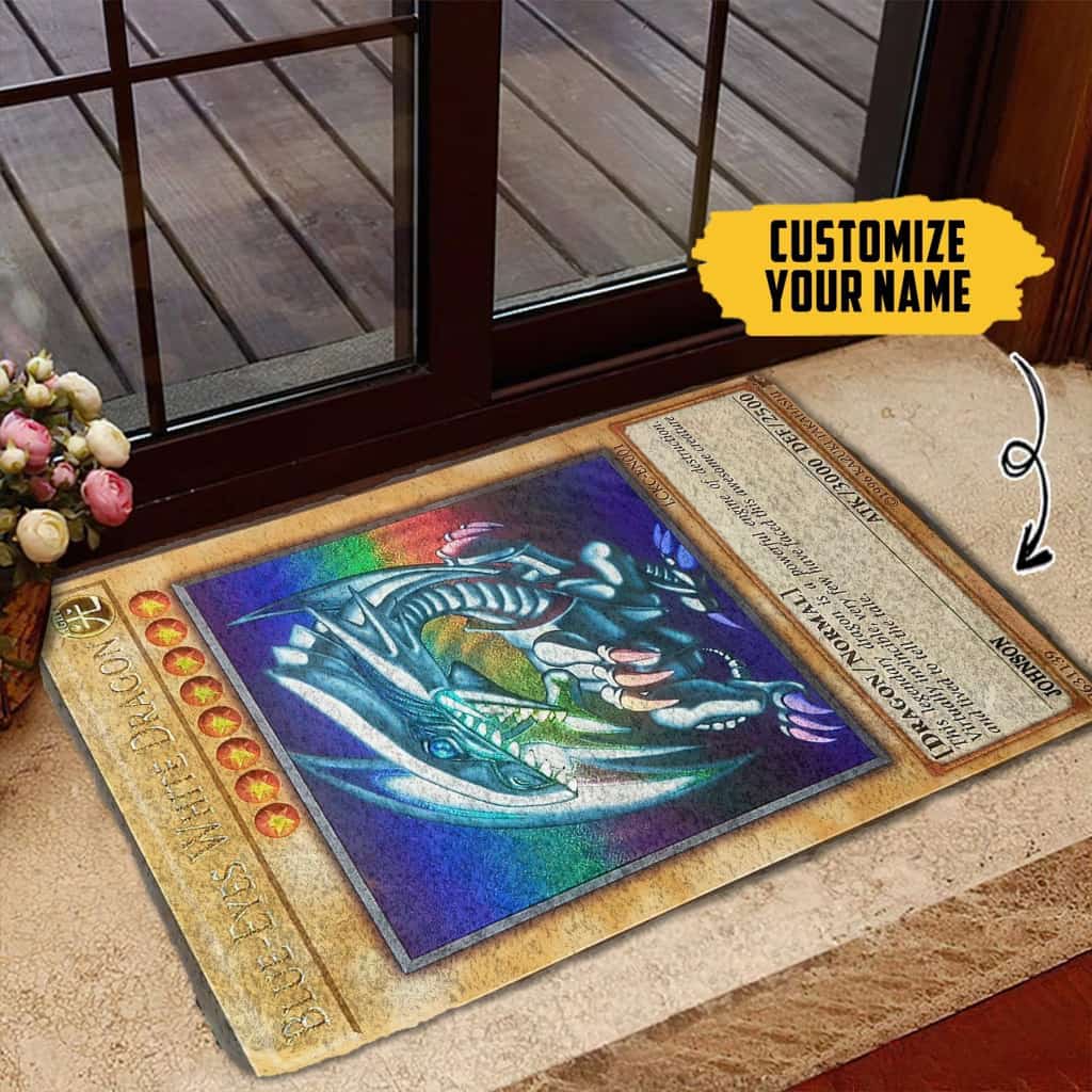 Dog Doormat 3D Yugioh Ultra Rare 1st Edition Blue Eyes White Dragon Card Custom Name Doormat