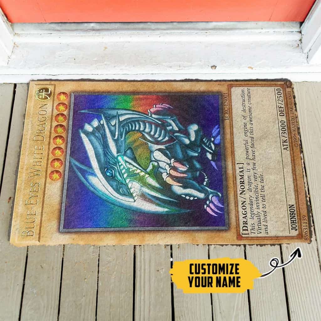 Dog Doormat 3D Yugioh Ultra Rare 1st Edition Blue Eyes White Dragon Card Custom Name Doormat