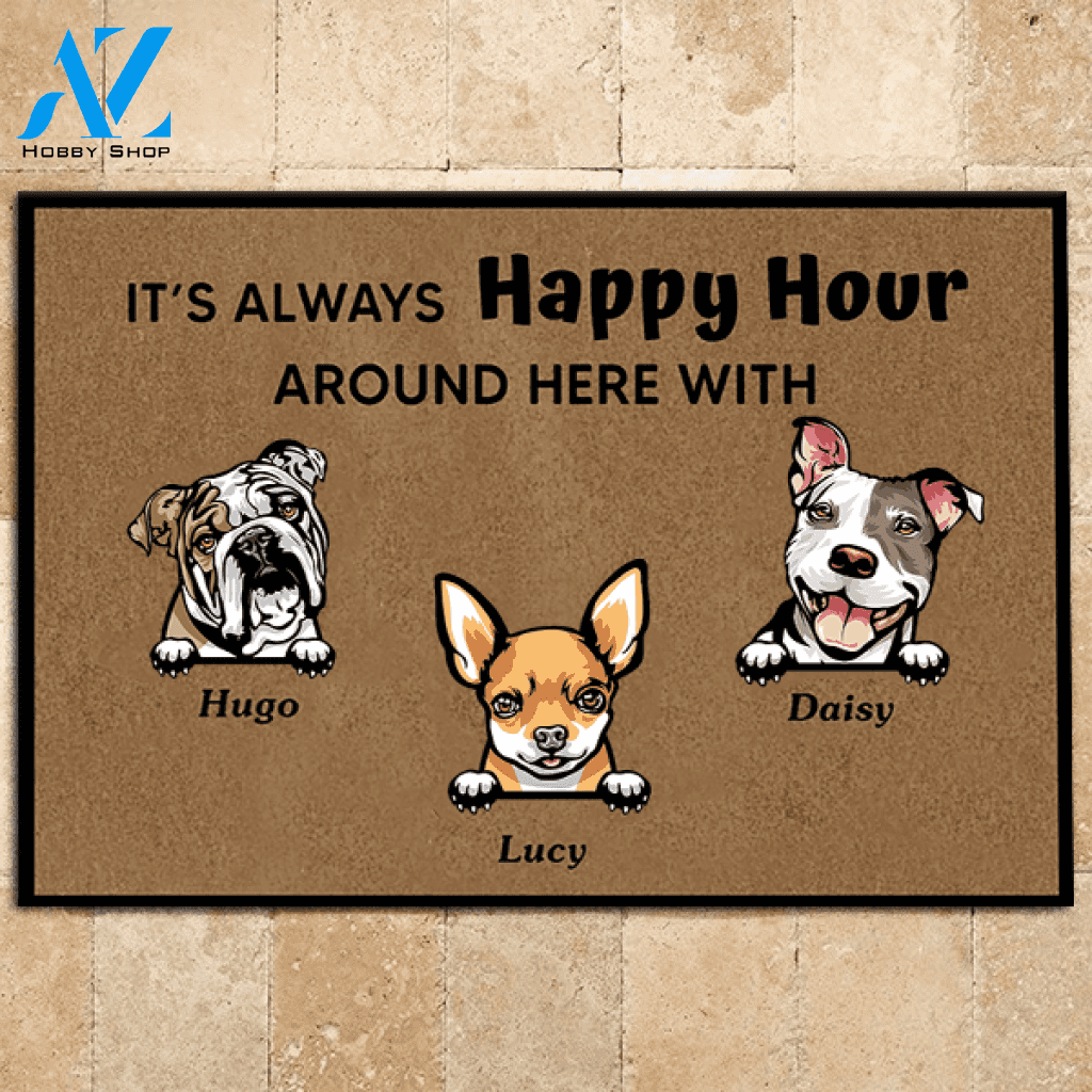 Dog Doormat Customized It's Always Happy Hour Around Here With | WELCOME MAT | HOUSE WARMING GIFT