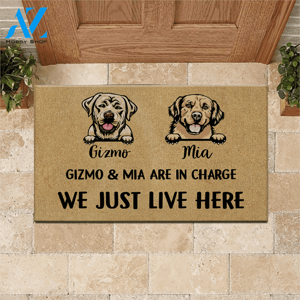 Dog Doormat Customized Name And Breed We Just Live Here | WELCOME MAT | HOUSE WARMING GIFT