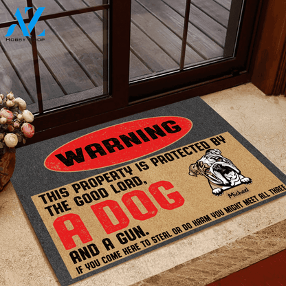 Dog Gun Custom Doormat This Property Is Protected By The Good Lord, Dogs And A Gun Personalized Gift | WELCOME MAT | HOUSE WARMING GIFT