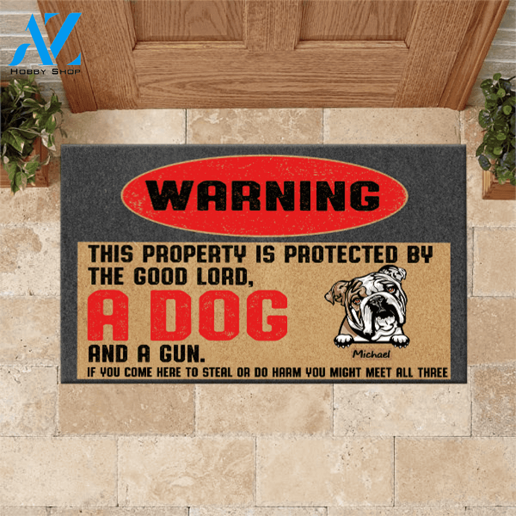 Dog Gun Custom Doormat This Property Is Protected By The Good Lord, Dogs And A Gun Personalized Gift | WELCOME MAT | HOUSE WARMING GIFT