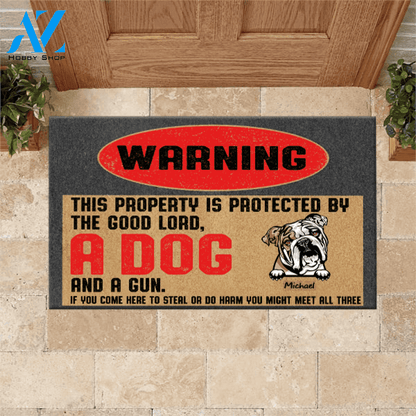 Dog Gun Custom Doormat This Property Is Protected By The Good Lord, Dogs And A Gun Personalized Gift | WELCOME MAT | HOUSE WARMING GIFT