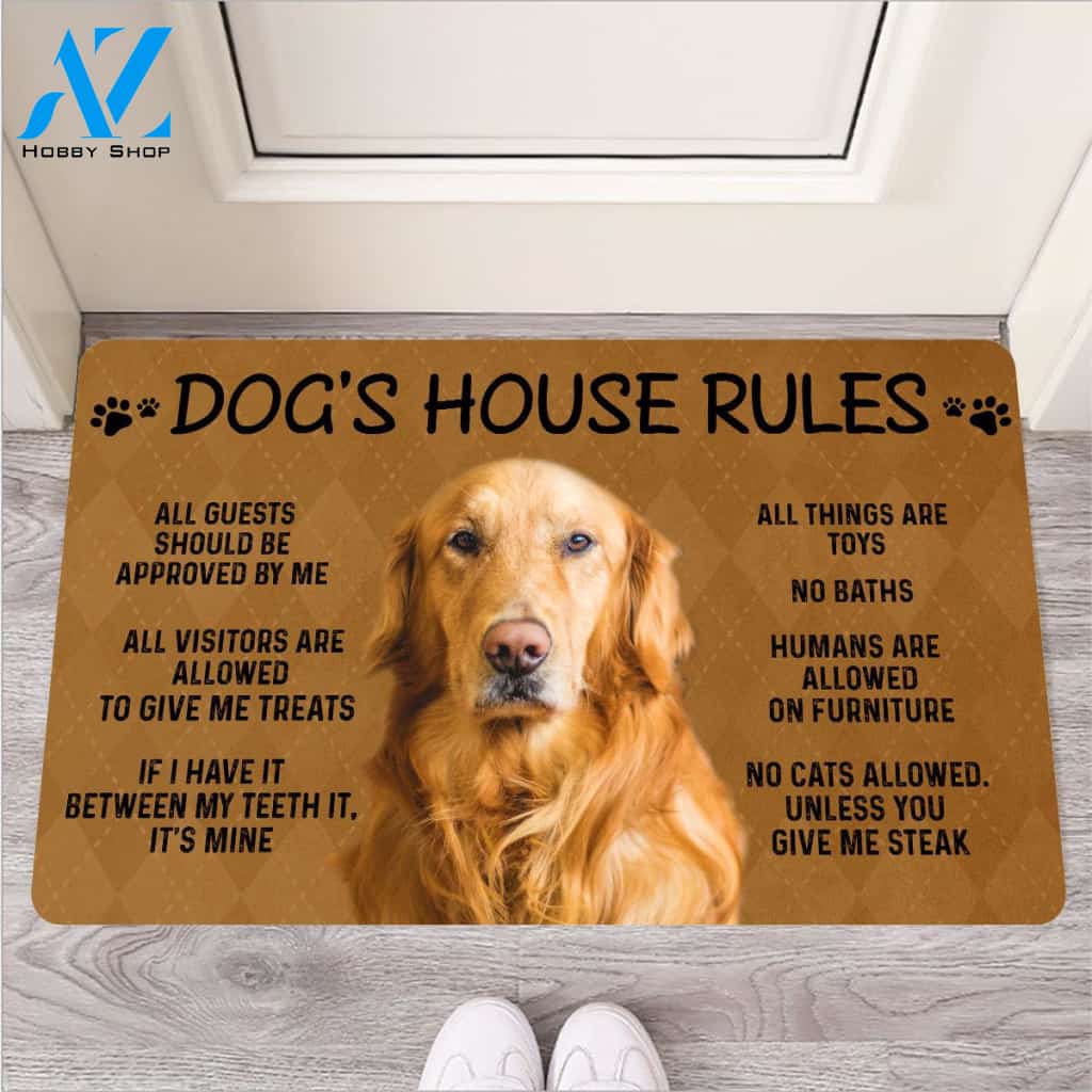 Dog House Rules Golden Retriever Dog Indoor and Outdoor Doormat Warm House Gift Welcome Mat Gift For Dog Lover , Gift For Friend Family