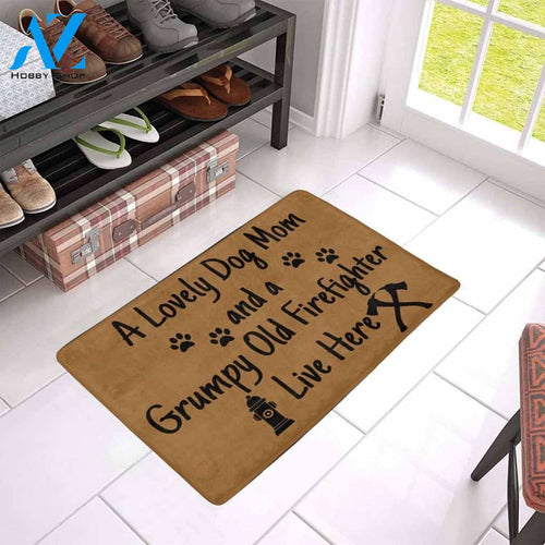 Dog Mom And Grumpy Old Firefight Live Here Indoor And Outdoor Doormat Warm House Gift Welcome Mat Birthday Gift For Firefighter