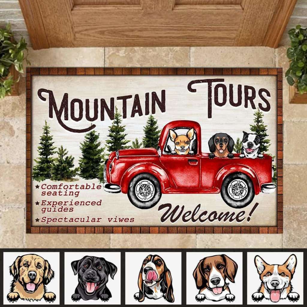 Dog Mountain Tours With Vintage Truck Doormat, Dog Lover Gift, Gift For Season