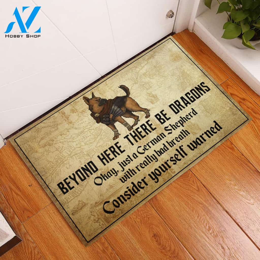 Dog Sword Beyond Here There Be Dragons Rubber Base Doormat