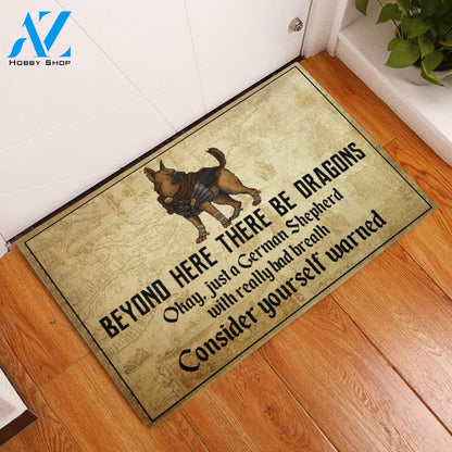 Dog Sword Beyond Here There Be Dragons Rubber Base Doormat