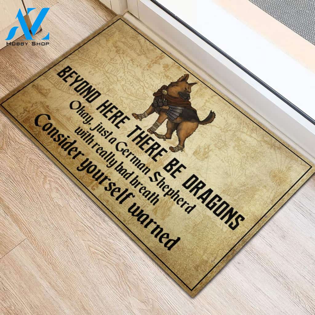 Dog Sword Beyond Here There Be Dragons Rubber Base Doormat