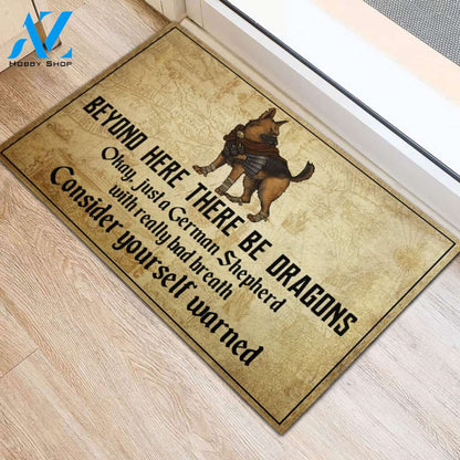 Dog Sword Beyond Here There Be Dragons Rubber Base Doormat