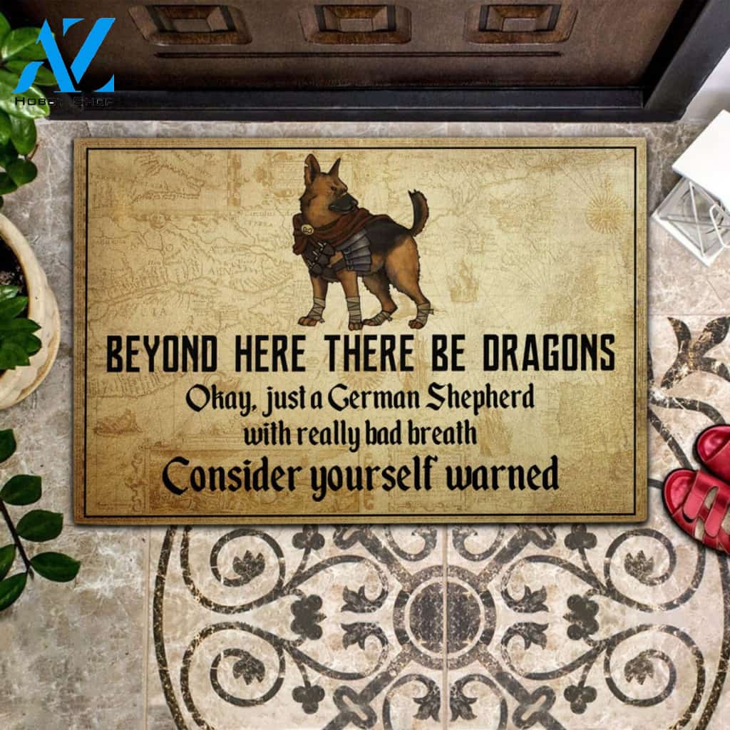 Dog Sword Beyond Here There Be Dragons Rubber Base Doormat
