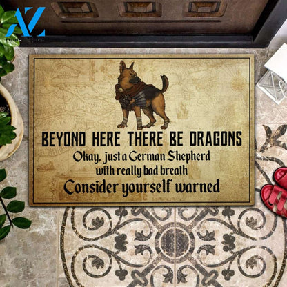 Dog Sword Beyond Here There Be Dragons Rubber Base Doormat