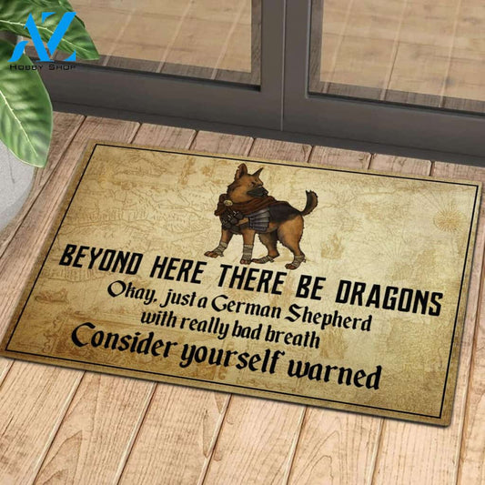 Dog Sword Beyond Here There Be Dragons Rubber Base Doormat