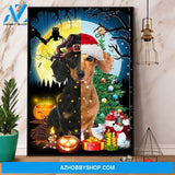 Dog Witch And Dog With Christmas Hat Halloween Gift Christmas Gift Canvas And Poster, Wall Decor Visual Art, Halloween Gift, Happy Halloween