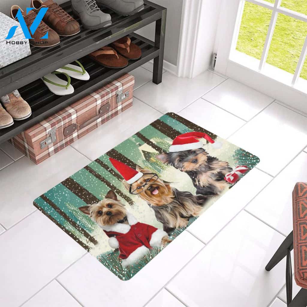 Dog - Yorkshire Winter In Forest Easy Clean Welcome DoorMat | Felt And Rubber | 40x60 cm | 45x75 cm | 60x90 cm | Colorful | DO1329