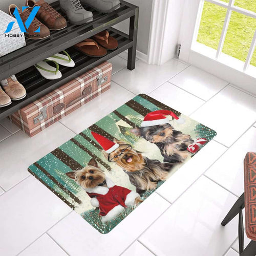 Dog - Yorkshire Winter In Forest Easy Clean Welcome DoorMat | Felt And Rubber | 40x60 cm | 45x75 cm | 60x90 cm | Colorful | DO1329