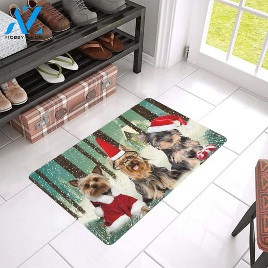 Dog - Yorkshire Winter In Forest Easy Clean Welcome DoorMat | Felt And Rubber | 40x60 cm | 45x75 cm | 60x90 cm | Colorful | DO1329