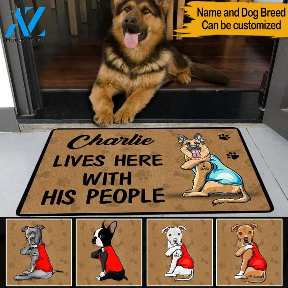 Dogs Custom Doormat My Dog Lives Here With His People Personalized Gift | WELCOME MAT | HOUSE WARMING GIFT