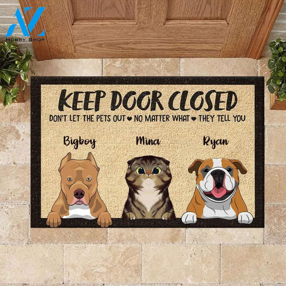 Don't Let The Pets Out - Funny Personalized Doormat (Cat & Dog) 