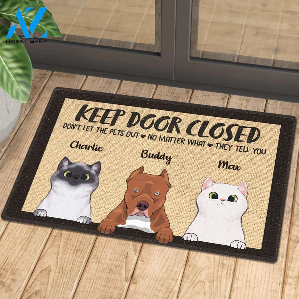 Don't Let The Pets Out - Funny Personalized Doormat (Cat & Dog) | Welcome Mat | House Warming Gift