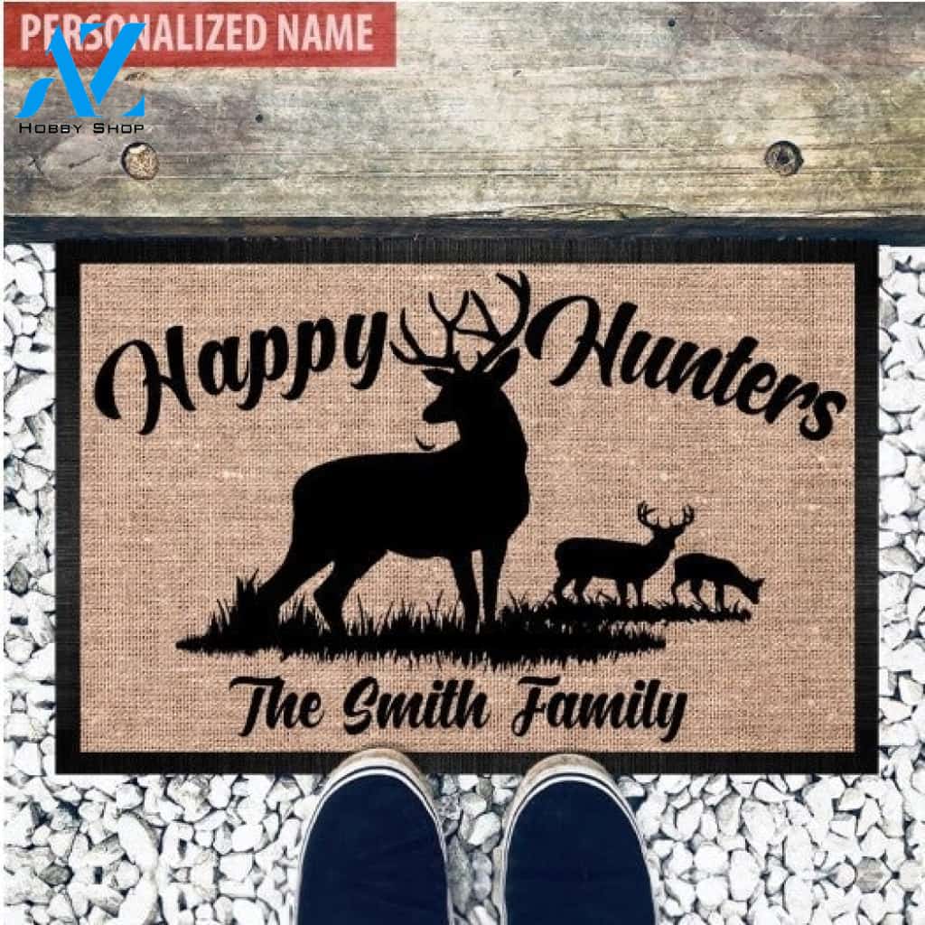 Wozoro Doormat Deer Hunting Personalized Happy Hunters Size 18 x 30, 24 x 36, 36 x 60 inch