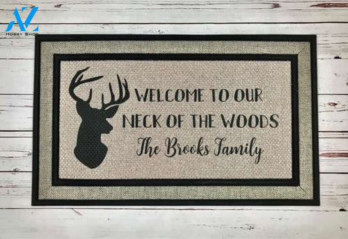 Wozoro Doormat Deer Hunting Personalized Welcome Neck Of The Woods Size 18 x 30, 24 x 36, 36 x 60 inch