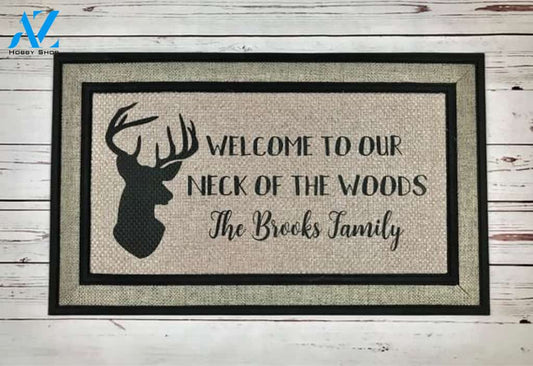 Wozoro Doormat Deer Hunting Personalized Welcome Neck Of The Woods Size 18 x 30, 24 x 36, 36 x 60 inch