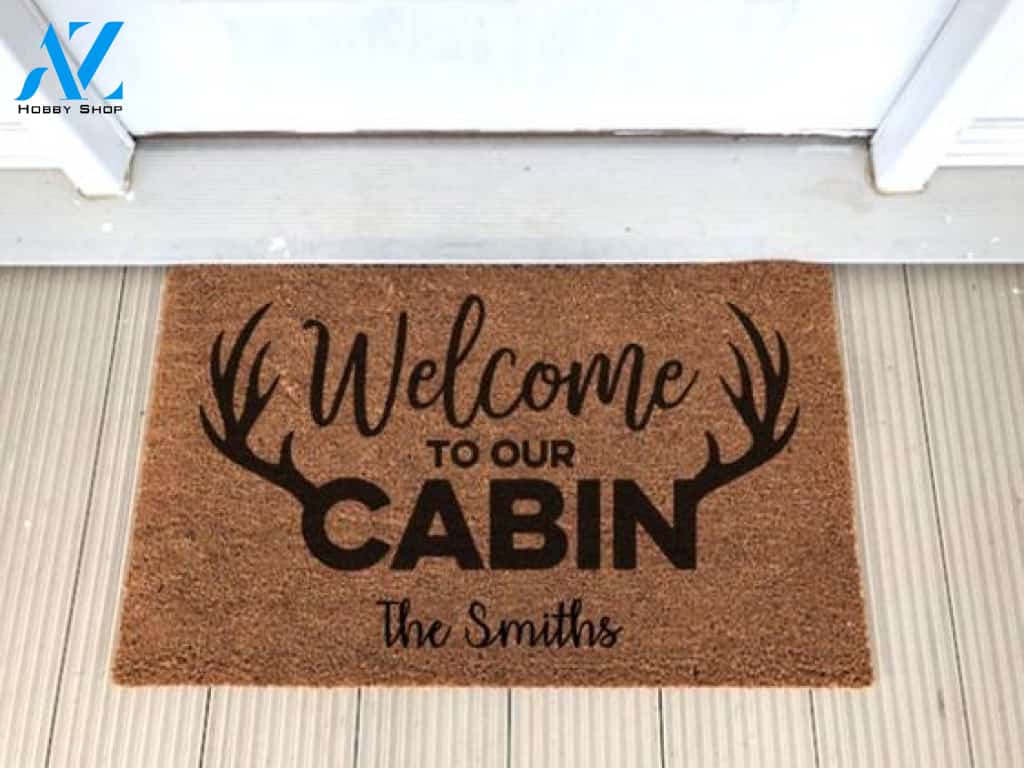 Wozoro Doormat Deer Hunting Personalized Welcome To Our Cabin Antlers Size 18 x 30, 24 x 36, 36 x 60 inch