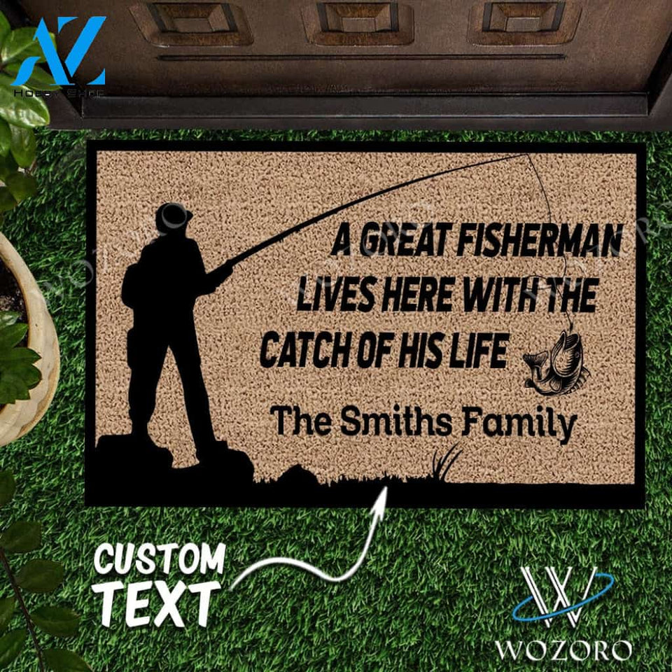 Wozoro Doormat Fishing Personalized A Great Fisherman Lives Here With The Catch Of His Life Size 18 x 30, 24 x 36, 36 x 60 inch