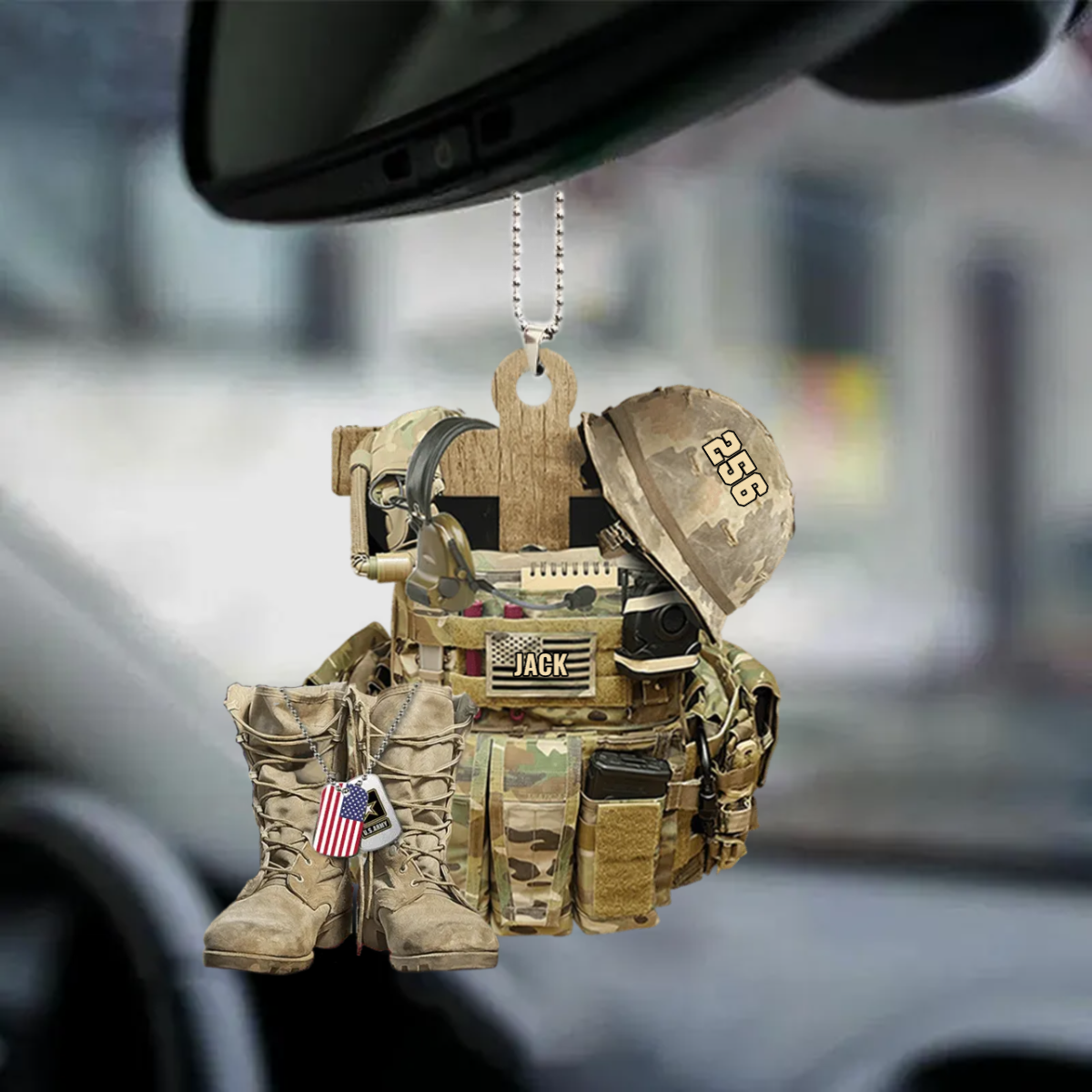 Custom Name, Number Military Uniform - Personalized Military Bulletproof Vest Boots Helmet Acrylic Car Ornament, Gift For Veteran