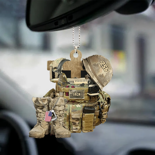 Custom Name, Number Military Uniform - Personalized Military Bulletproof Vest Boots Helmet Acrylic Car Ornament, Gift For Veteran