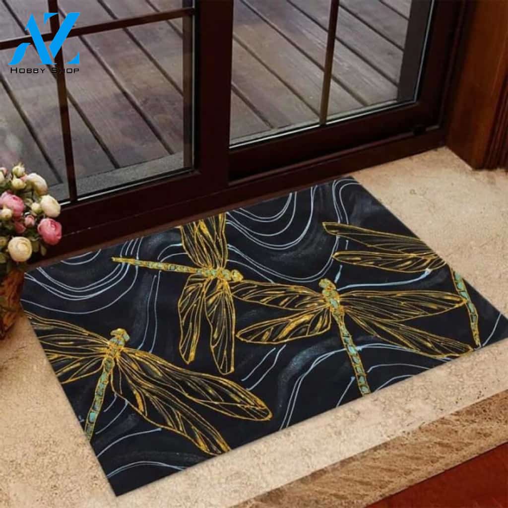 Dragonfly Faux Glitter Pattern Print Doormat