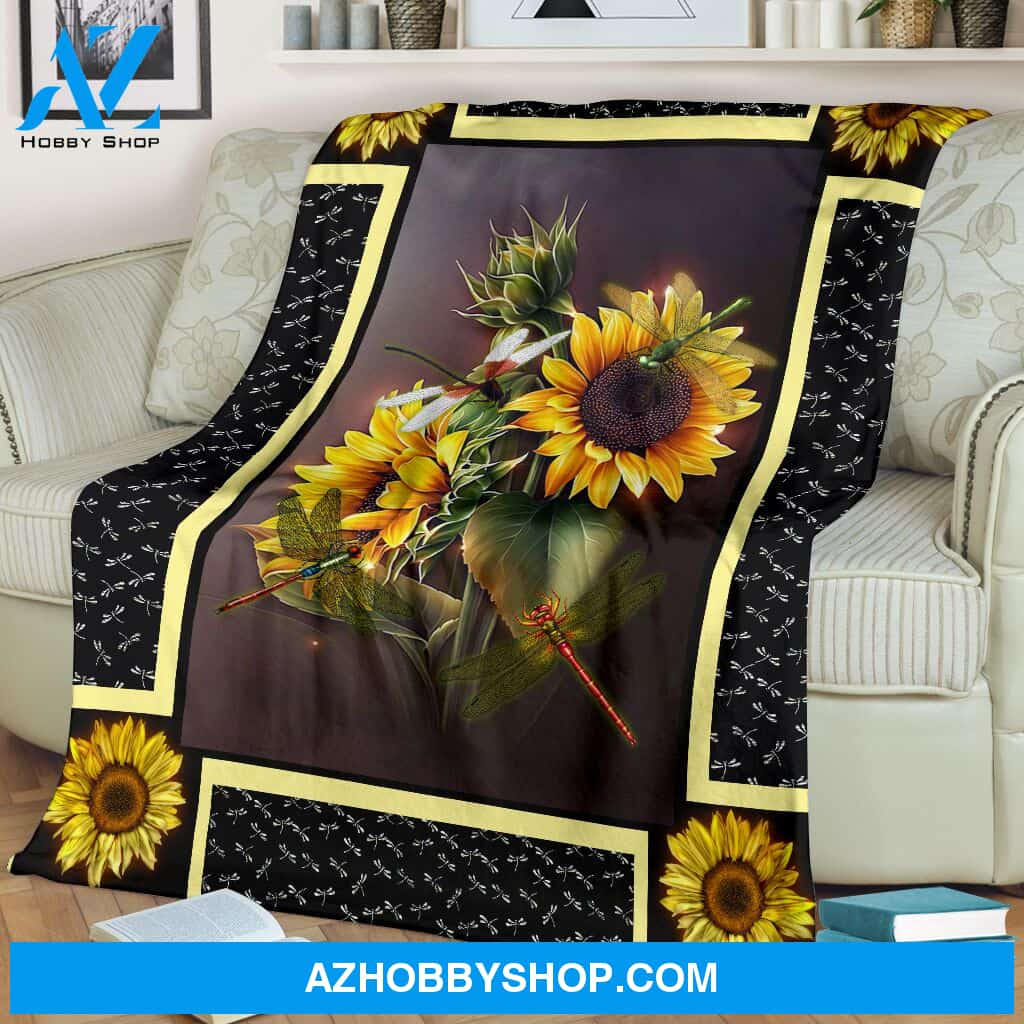 Dragonfly Sunflower Dark Blanket Gift For Dragonfly Lovers Birthday Gift Home Decor Bedding Couch Sofa Soft and Comfy Cozy