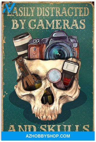 Easily Distracted By Cameras And Skulls Skeleton Halloween Theme Hobby Photography Canvas And Poster, Wall Decor Visual Art, Halloween Gift, Happy Halloween