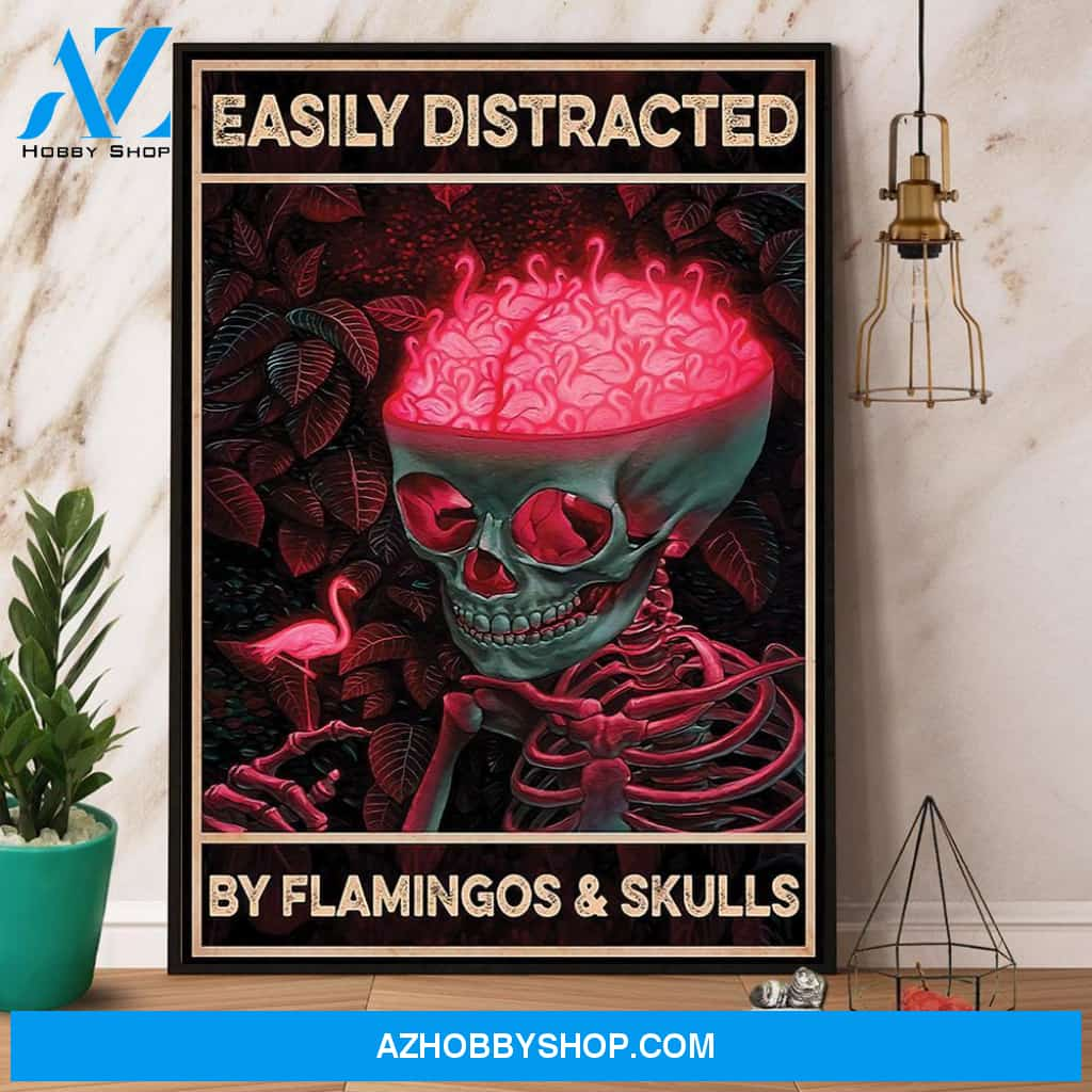 Easily Distracted By Flamingos & Skulls Canvas And Poster, Wall Decor Visual Art