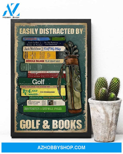 Easily Distracted By Golf And Books Vertical Canvas Gift, Wall Decor Visual Art