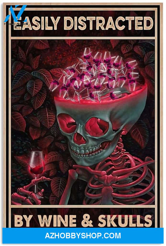 Easily Distracted By Wine And Skull Spooky Horror Pink Purple Skull VintageHalloween Canvas And Poster, Wall Decor Visual Art, Halloween Gift, Happy Halloween