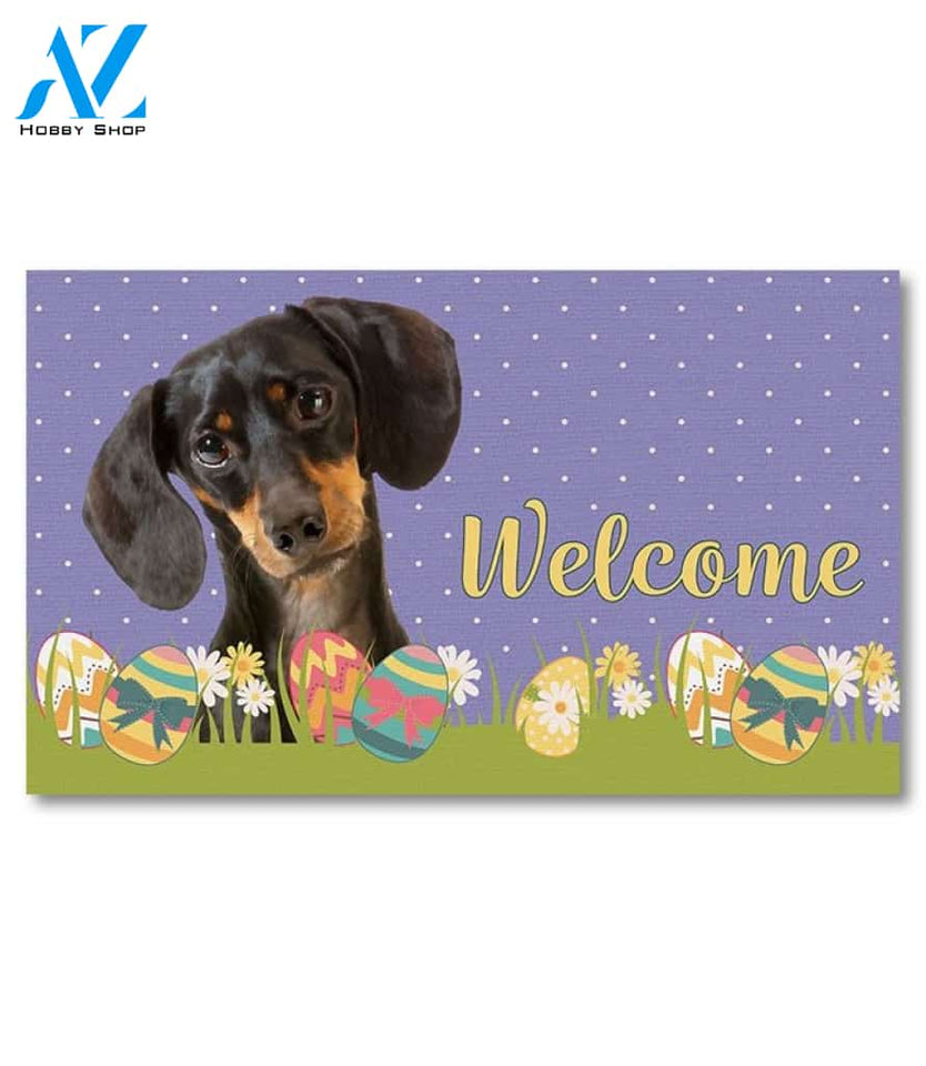 Easter Black Shorthaired Dachshund Doormat - 18" x 30"