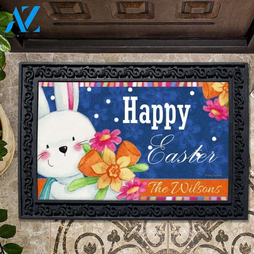 Easter Fun Bunny and Flowers Personalized Doormat - 18
