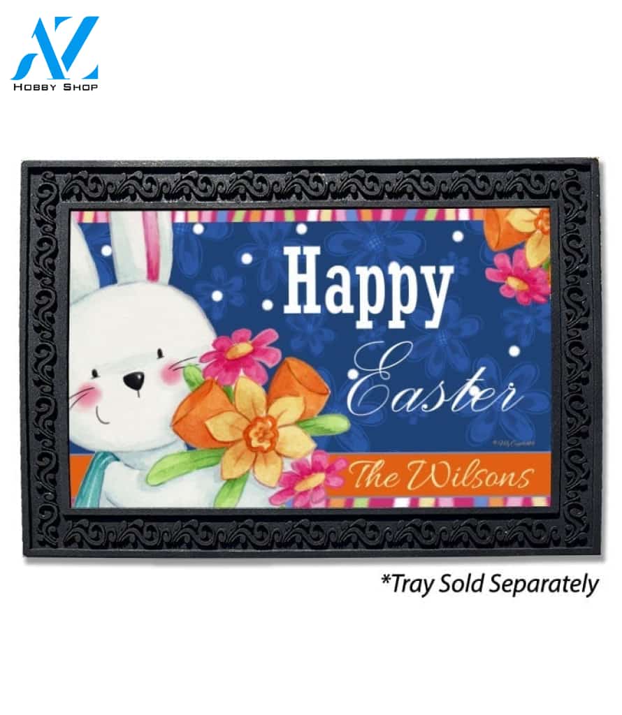 Easter Fun Bunny and Flowers Personalized Doormat - 18" x 30"
