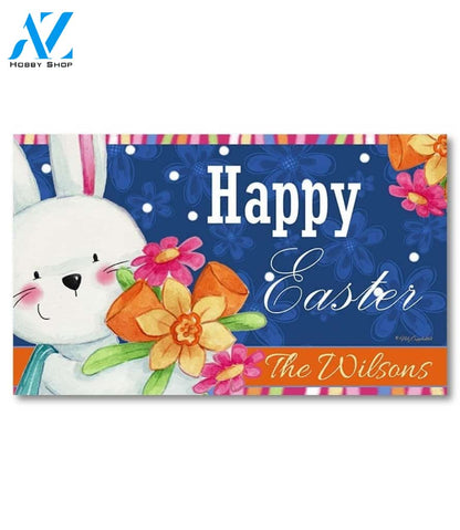 Easter Fun Bunny and Flowers Personalized Doormat - 18" x 30"