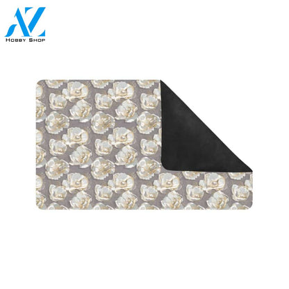 Elegant Grey Flower Print Rubber Doormat