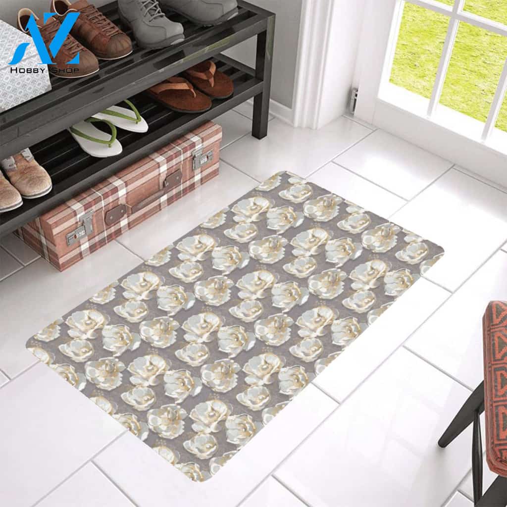 Elegant Grey Flower Print Rubber Doormat